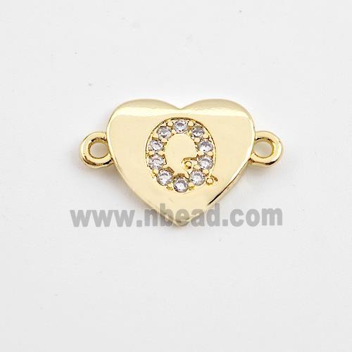 Copper Heart Connector Pave Zirconia Letter-Q Gold Plated