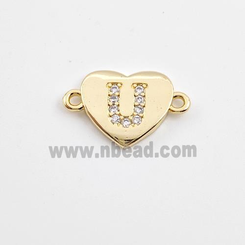 Copper Heart Connector Pave Zirconia Letter-U Gold Plated