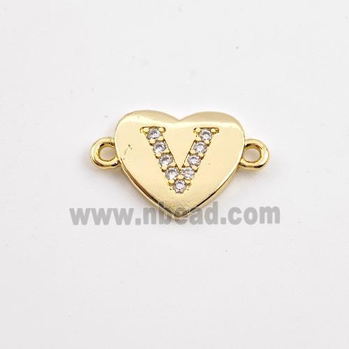 Copper Heart Connector Pave Zirconia Letter-V Gold Plated