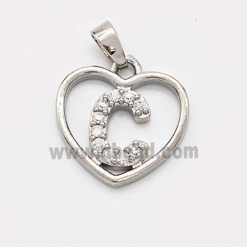 Copper Heart Pendant Pave Zirconia Letter-C Platinum Plated