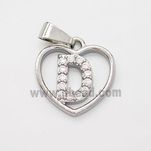 Copper Heart Pendant Pave Zirconia Letter-D Platinum Plated