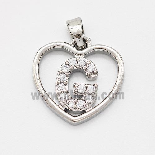 Copper Heart Pendant Pave Zirconia Letter-G Platinum Plated