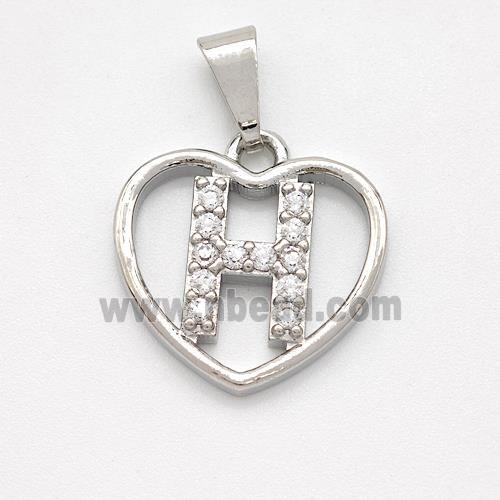 Copper Heart Pendant Pave Zirconia Letter-H Platinum Plated