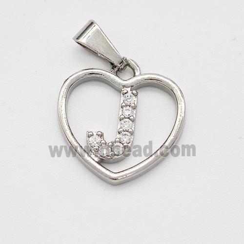 Copper Heart Pendant Pave Zirconia Letter-J Platinum Plated