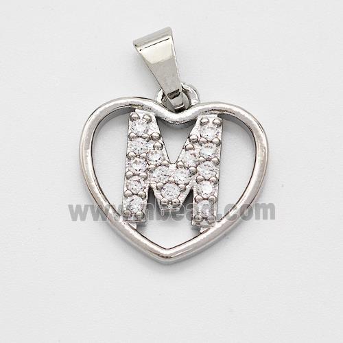 Copper Heart Pendant Pave Zirconia Letter-M Platinum Plated