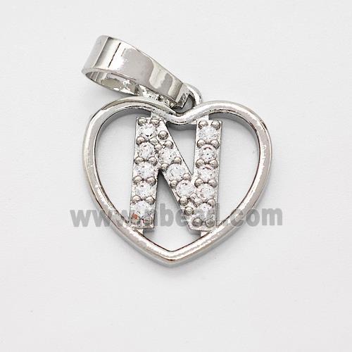 Copper Heart Pendant Pave Zirconia Letter-N Platinum Plated