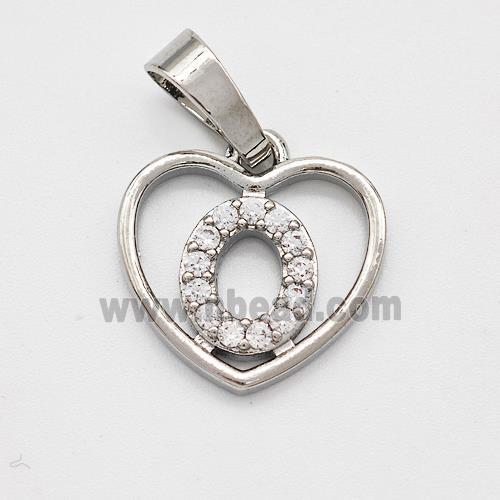 Copper Heart Pendant Pave Zirconia Letter-O Platinum Plated