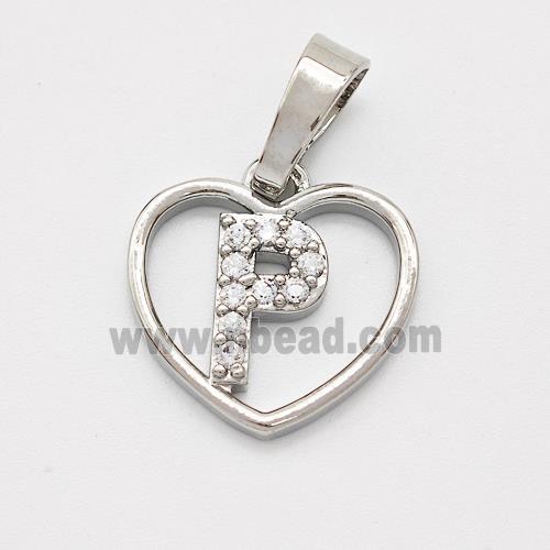 Copper Heart Pendant Pave Zirconia Letter-P Platinum Plated