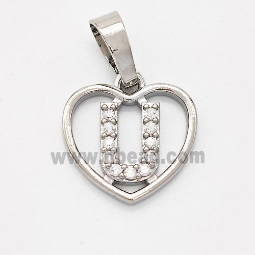 Copper Heart Pendant Pave Zirconia Letter-U Platinum Plated