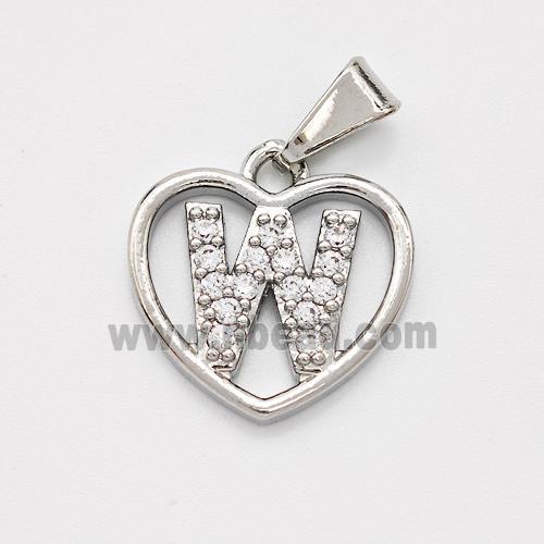 Copper Heart Pendant Pave Zirconia Letter-W Platinum Plated