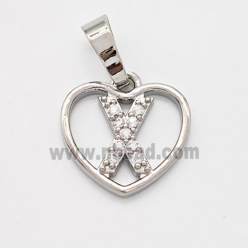 Copper Heart Pendant Pave Zirconia Letter-X Platinum Plated