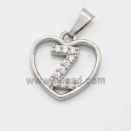 Copper Heart Pendant Pave Zirconia Letter-Z Platinum Plated