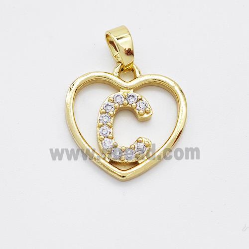 Copper Heart Pendant Pave Zirconia Letter-C Gold Plated