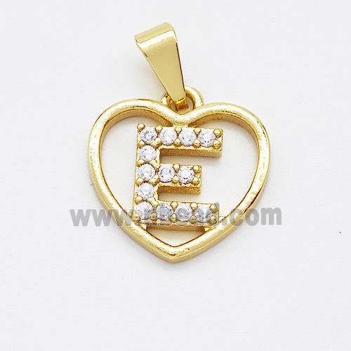 Copper Heart Pendant Pave Zirconia Letter-E Gold Plated