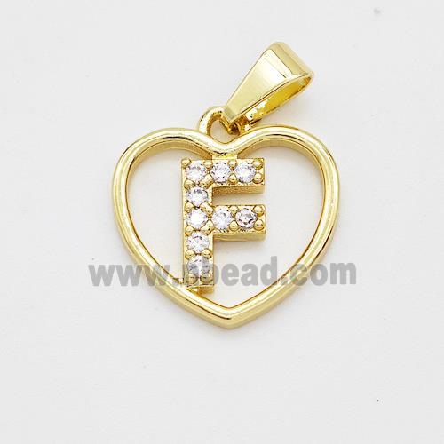 Copper Heart Pendant Pave Zirconia Letter-F Gold Plated