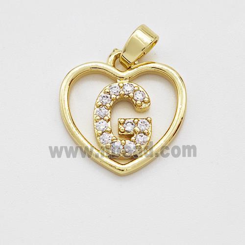 Copper Heart Pendant Pave Zirconia Letter-G Gold Plated