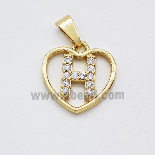 Copper Heart Pendant Pave Zirconia Letter-H Gold Plated