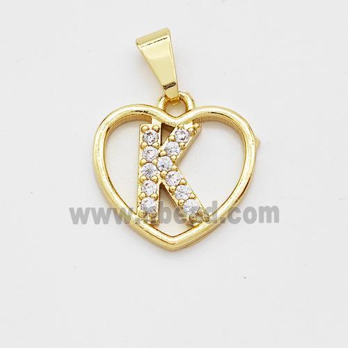 Copper Heart Pendant Pave Zirconia Letter-K Gold Plated