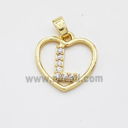 Copper Heart Pendant Pave Zirconia Letter-L Gold Plated