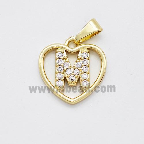 Copper Heart Pendant Pave Zirconia Letter-M Gold Plated