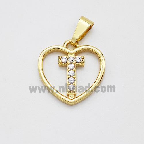 Copper Heart Pendant Pave Zirconia Letter-T Gold Plated