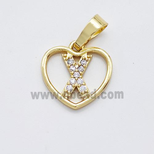 Copper Heart Pendant Pave Zirconia Letter-X Gold Plated