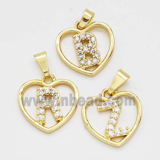 Copper Heart Alphabet Pendant Pave Zirconia Mix Letters Gold Plated