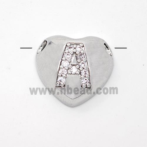 Copper Heart Pendant Pave Zirconia Letter-A Large Hole Platinum Plated