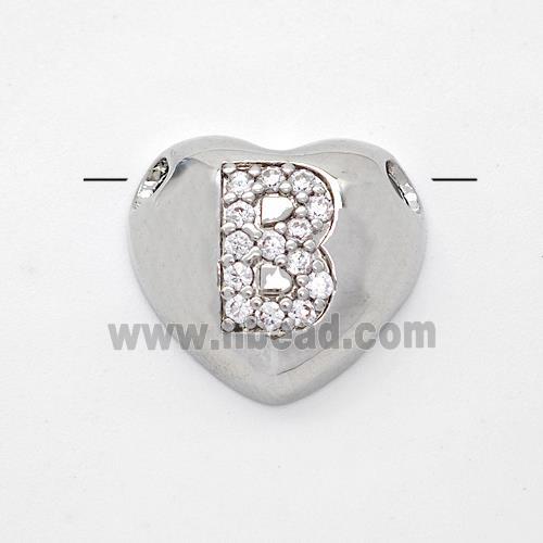 Copper Heart Pendant Pave Zirconia Letter-B Large Hole Platinum Plated