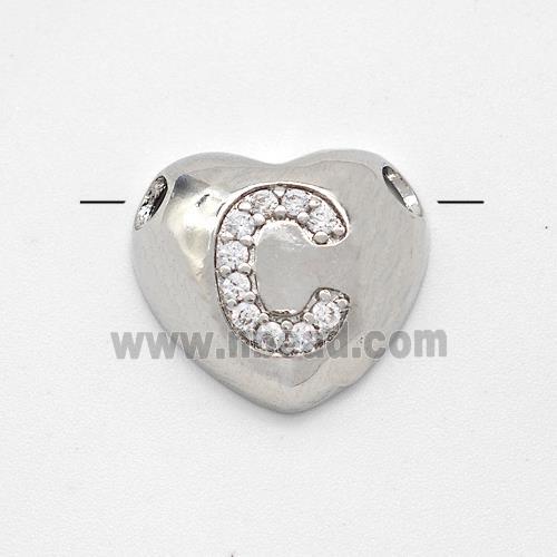 Copper Heart Pendant Pave Zirconia Letter-C Large Hole Platinum Plated