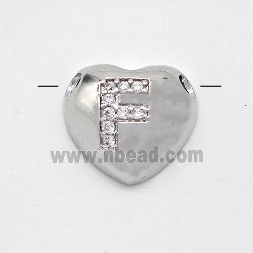 Copper Heart Pendant Pave Zirconia Letter-F Large Hole Platinum Plated