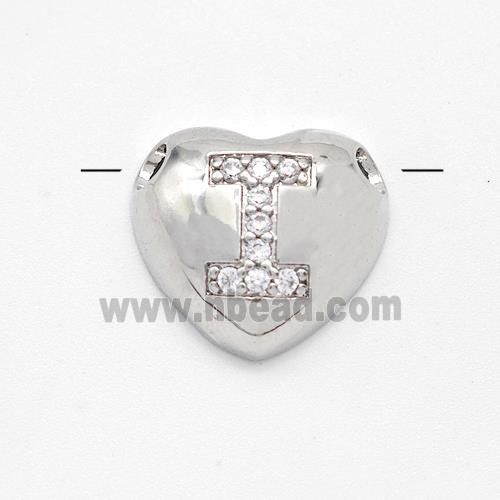 Copper Heart Pendant Pave Zirconia Letter-I Large Hole Platinum Plated