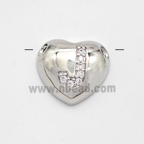 Copper Heart Pendant Pave Zirconia Letter-J Large Hole Platinum Plated