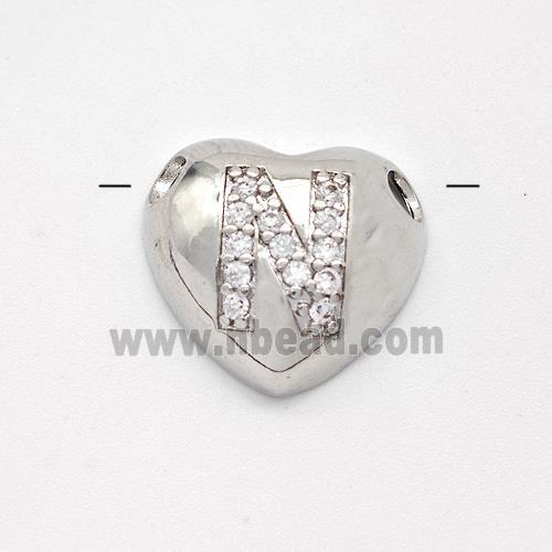 Copper Heart Pendant Pave Zirconia Letter-N Large Hole Platinum Plated