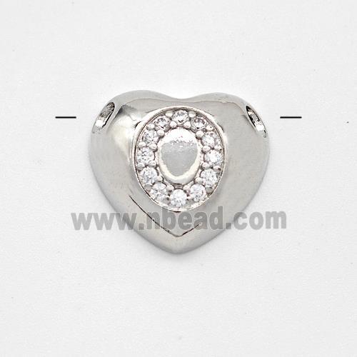 Copper Heart Pendant Pave Zirconia Letter-O Large Hole Platinum Plated