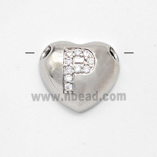 Copper Heart Pendant Pave Zirconia Letter-P Large Hole Platinum Plated