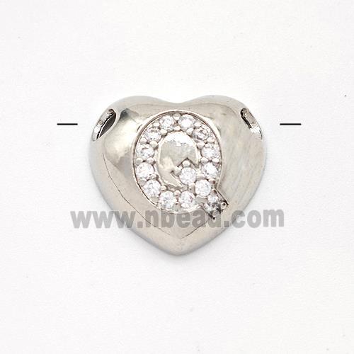 Copper Heart Pendant Pave Zirconia Letter-Q Large Hole Platinum Plated