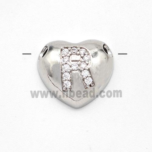 Copper Heart Pendant Pave Zirconia Letter-R Large Hole Platinum Plated