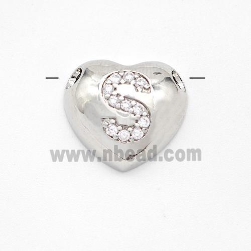 Copper Heart Pendant Pave Zirconia Letter-S Large Hole Platinum Plated