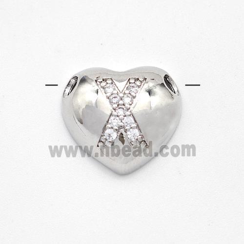 Copper Heart Pendant Pave Zirconia Letter-X Large Hole Platinum Plated