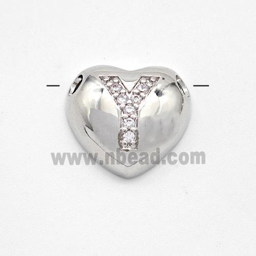 Copper Heart Pendant Pave Zirconia Letter-Y Large Hole Platinum Plated