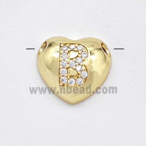 Copper Heart Pendant Pave Zirconia Letter-B Large Hole Gold Plated