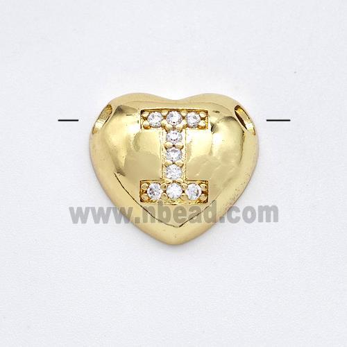 Copper Heart Pendant Pave Zirconia Letter-I Large Hole Gold Plated