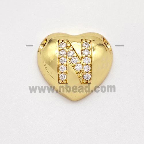 Copper Heart Pendant Pave Zirconia Letter-N Large Hole Gold Plated