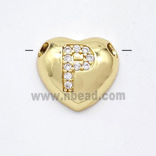 Copper Heart Pendant Pave Zirconia Letter-P Large Hole Gold Plated