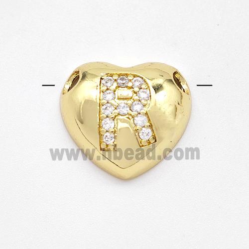 Copper Heart Pendant Pave Zirconia Letter-R Large Hole Gold Plated