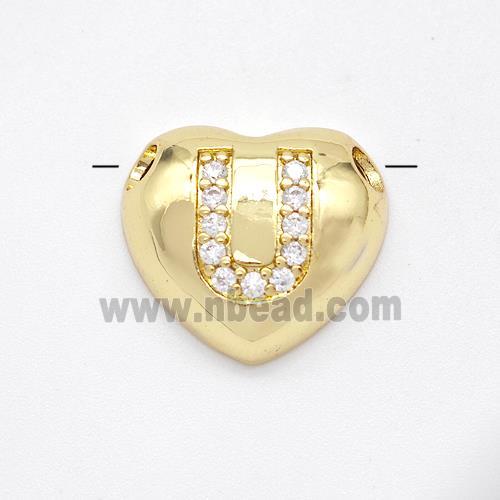 Copper Heart Pendant Pave Zirconia Letter-U Large Hole Gold Plated