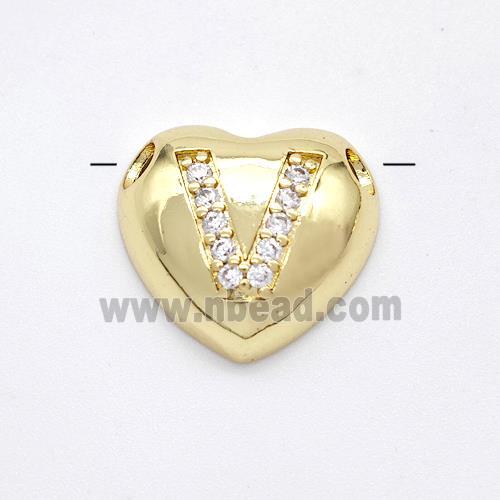 Copper Heart Pendant Pave Zirconia Letter-V Large Hole Gold Plated