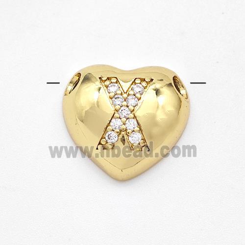 Copper Heart Pendant Pave Zirconia Letter-X Large Hole Gold Plated