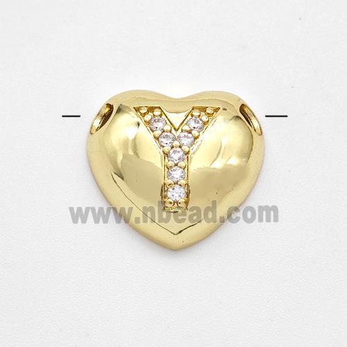 Copper Heart Pendant Pave Zirconia Letter-Y Large Hole Gold Plated